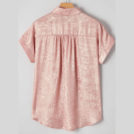 Moriah Pink Metallic Buttoned Loose Fit Short Sleeve Shirt