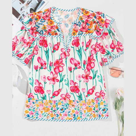 RTS Yesenia Pink Floral Print Striped Detail Split Neck Short Sleeve Blouse