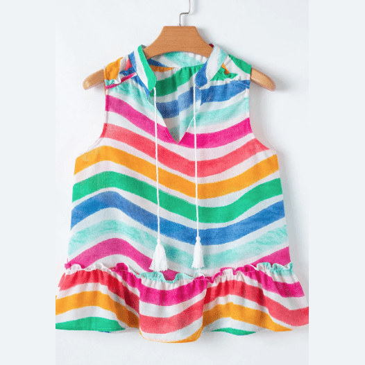 Val Rainbow Stripes Ruffled Hem Drawstring V Neck Tank Top