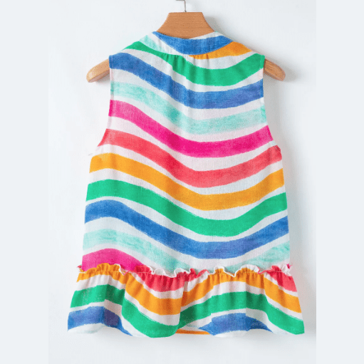 Val Rainbow Stripes Ruffled Hem Drawstring V Neck Tank Top