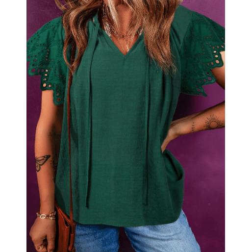 Kells Green Bay Eyelet Embroidered Sleeve Tie V Neck Blouse