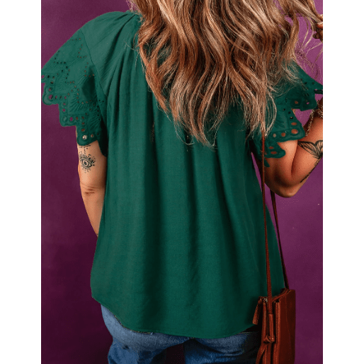 Kells Green Bay Eyelet Embroidered Sleeve Tie V Neck Blouse