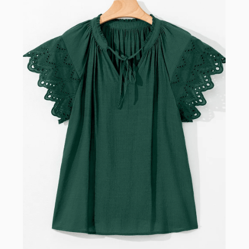 Kells Green Bay Eyelet Embroidered Sleeve Tie V Neck Blouse