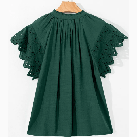 Kells Green Bay Eyelet Embroidered Sleeve Tie V Neck Blouse