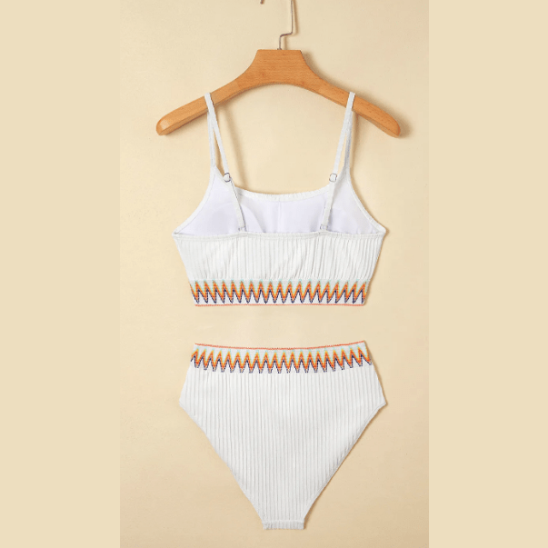Tyrisha White Textured Contrast Banding Bikini High Waist 2pcs Swimsuit