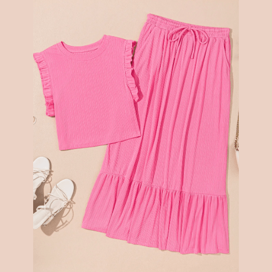 Olya Bonbon Pink Textured Ruffle Trim Crop Vest Lace-up Long Skirt Set