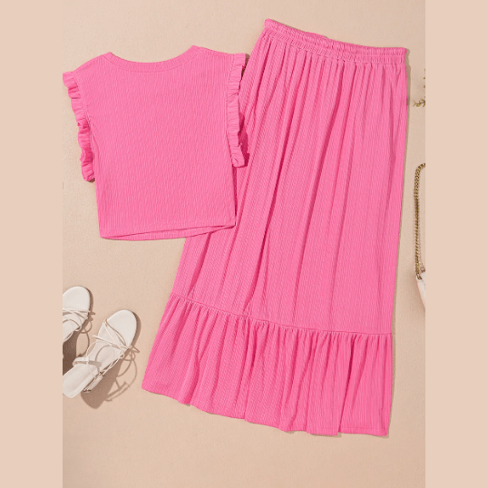 Olya Bonbon Pink Textured Ruffle Trim Crop Vest Lace-up Long Skirt Set