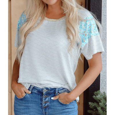 Steffi White Stripe Floral Insert Sleeves Contrast Round Neck Tee