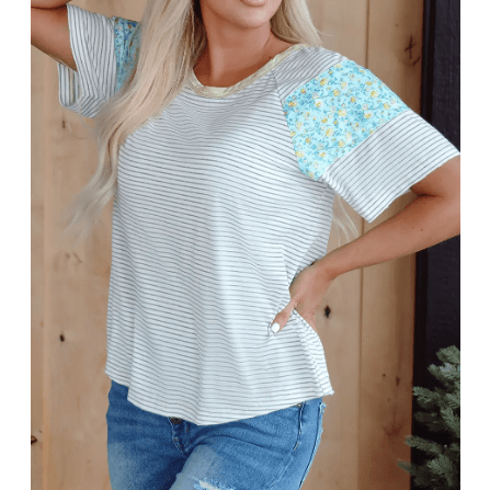 Steffi White Stripe Floral Insert Sleeves Contrast Round Neck Tee