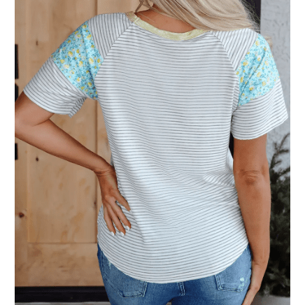 Steffi White Stripe Floral Insert Sleeves Contrast Round Neck Tee