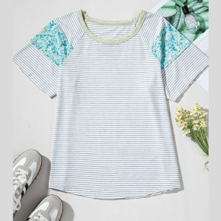 Steffi White Stripe Floral Insert Sleeves Contrast Round Neck Tee