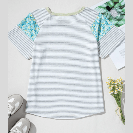 Steffi White Stripe Floral Insert Sleeves Contrast Round Neck Tee