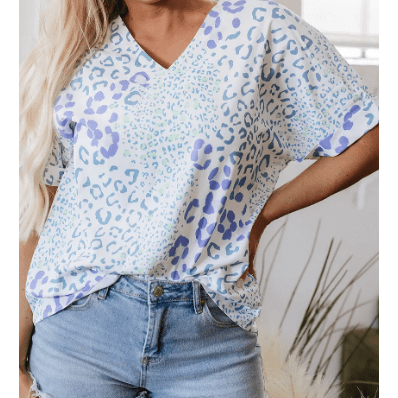 Giorgia Sky Blue Mixed Leopard Print V Neck Short Sleeve Blouse