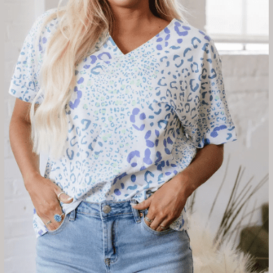 Giorgia Sky Blue Mixed Leopard Print V Neck Short Sleeve Blouse