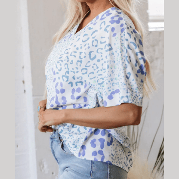 Giorgia Sky Blue Mixed Leopard Print V Neck Short Sleeve Blouse