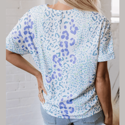 Giorgia Sky Blue Mixed Leopard Print V Neck Short Sleeve Blouse