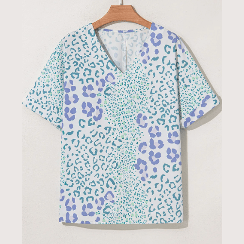 Giorgia Sky Blue Mixed Leopard Print V Neck Short Sleeve Blouse