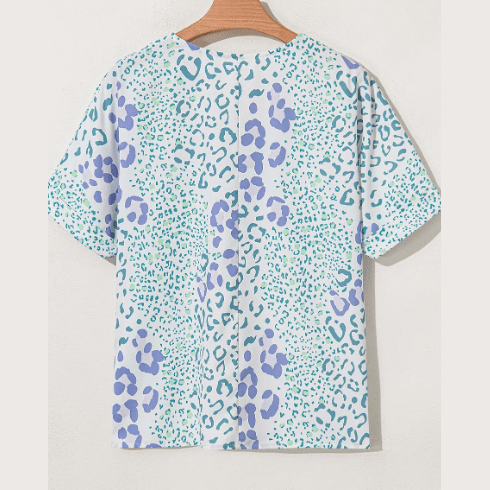 Giorgia Sky Blue Mixed Leopard Print V Neck Short Sleeve Blouse