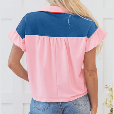 Lylah Gossamer Pink Color Block Half Buttoned Ruffled Short Sleeve T Shirt