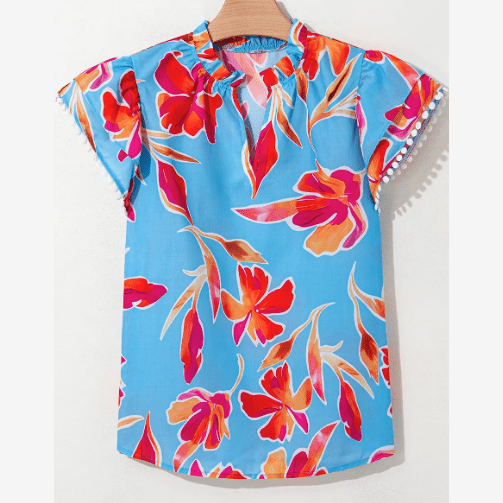 Tizzy Sky Blue Floral Print V Neck Pompom Trim Flutter Sleeve Blouse
