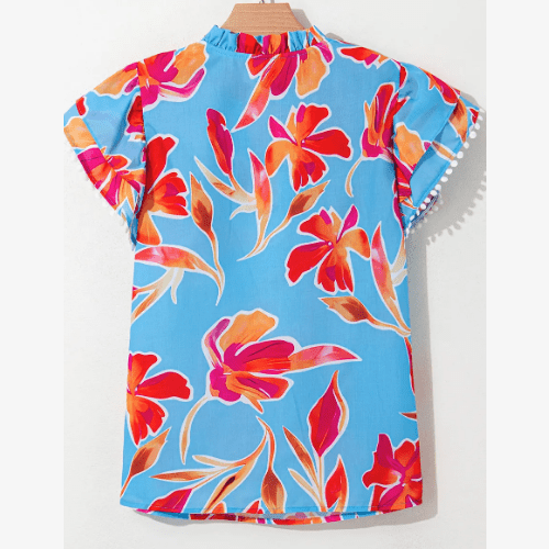 Tizzy Sky Blue Floral Print V Neck Pompom Trim Flutter Sleeve Blouse