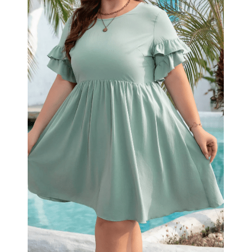 Charity Grass Green Ruffle Trim Short Sleeve PLUS SIZE Flared Mini Dress