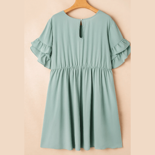 Charity Grass Green Ruffle Trim Short Sleeve PLUS SIZE Flared Mini Dress