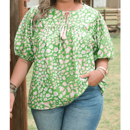 Jorry Green PLUS SIZE Floral Tassel Tie Split Neck Puff Sleeve Blouse