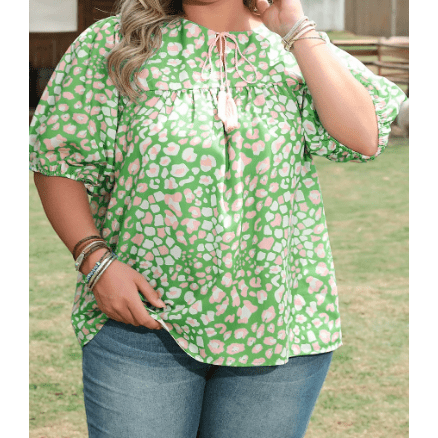 Jorry Green PLUS SIZE Floral Tassel Tie Split Neck Puff Sleeve Blouse