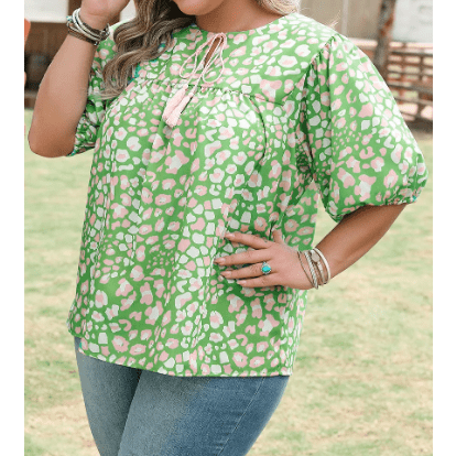 Jorry Green PLUS SIZE Floral Tassel Tie Split Neck Puff Sleeve Blouse