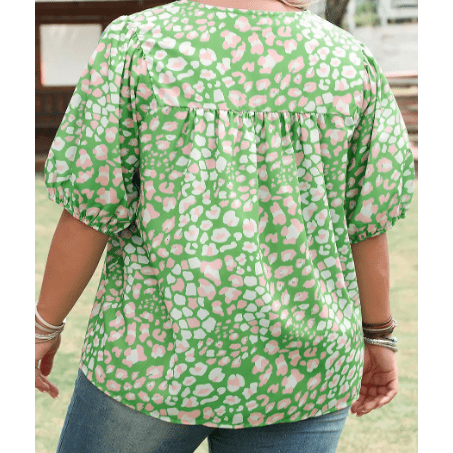 Jorry Green PLUS SIZE Floral Tassel Tie Split Neck Puff Sleeve Blouse