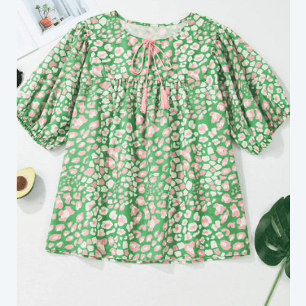 Jorry Green PLUS SIZE Floral Tassel Tie Split Neck Puff Sleeve Blouse