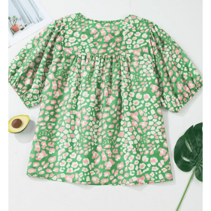 Jorry Green PLUS SIZE Floral Tassel Tie Split Neck Puff Sleeve Blouse