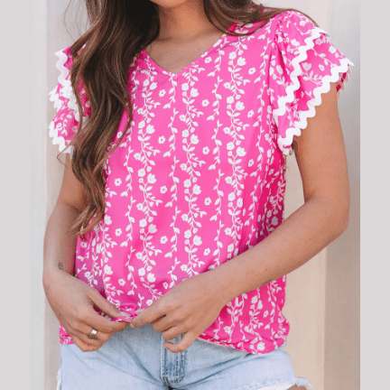 Zarie Pink Floral Print Ric-rac Tiered Ruffled V Neck Blouse
