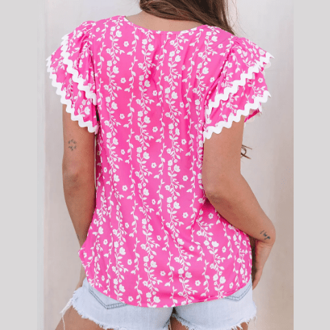 Zarie Pink Floral Print Ric-rac Tiered Ruffled V Neck Blouse