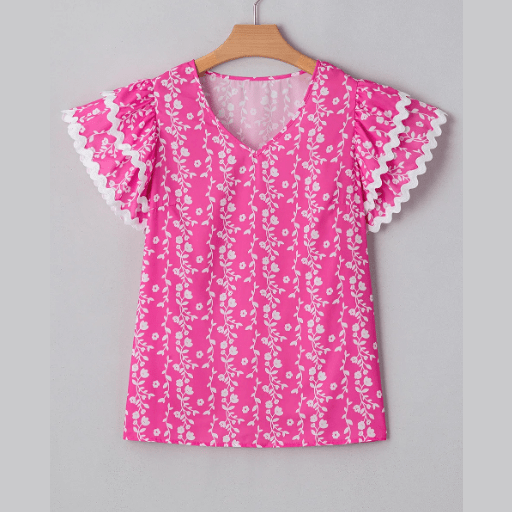 Zarie Pink Floral Print Ric-rac Tiered Ruffled V Neck Blouse