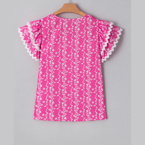 Zarie Pink Floral Print Ric-rac Tiered Ruffled V Neck Blouse