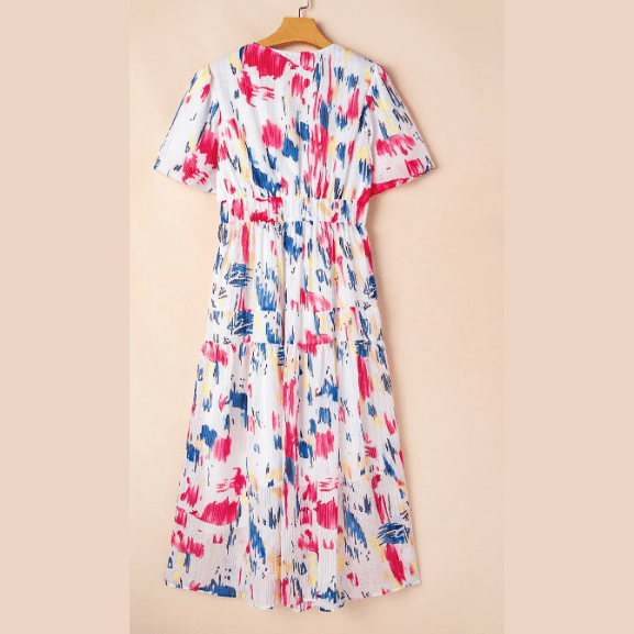 Courtnie White Abstract Print Short Puff Sleeve Tiered Maxi Dress