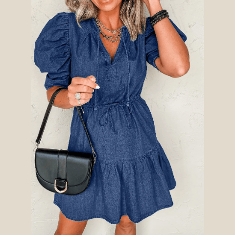 Patti Blue Drawstring High Waist Puff Sleeve Denim Mini Dress