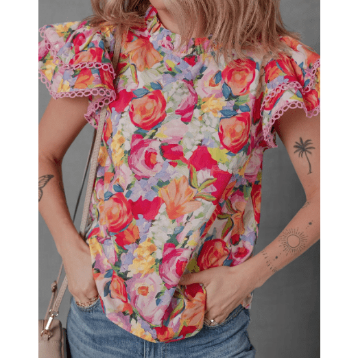 Zuri Multicolour Lace Trim Ruffle Short Sleeve Floral Blouse