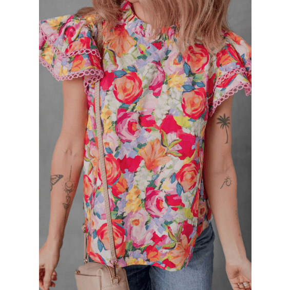 Zuri Multicolour Lace Trim Ruffle Short Sleeve Floral Blouse