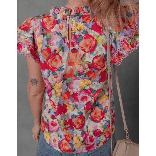 Zuri Multicolour Lace Trim Ruffle Short Sleeve Floral Blouse