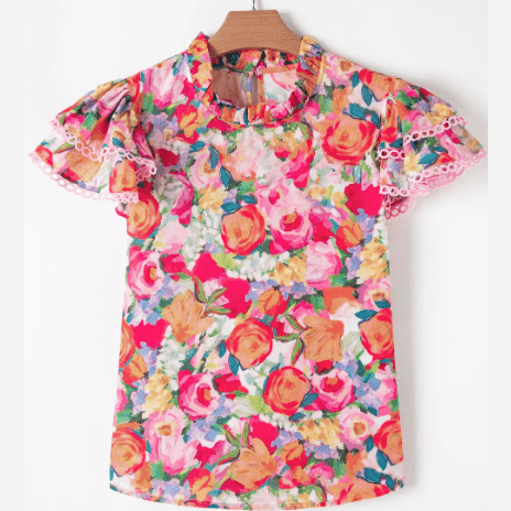 Zuri Multicolour Lace Trim Ruffle Short Sleeve Floral Blouse