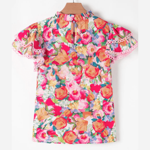 Zuri Multicolour Lace Trim Ruffle Short Sleeve Floral Blouse