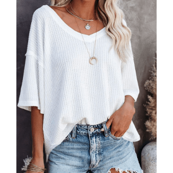 Sherry White Exposed Seam Half Sleeve Knitted V Neck Textured Top