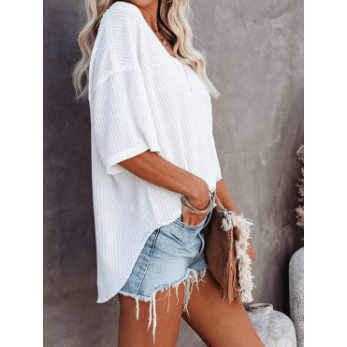 Sherry White Exposed Seam Half Sleeve Knitted V Neck Textured Top
