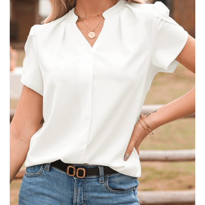 Leona White Silky Notched Neckline Petal Sleeve Blouse