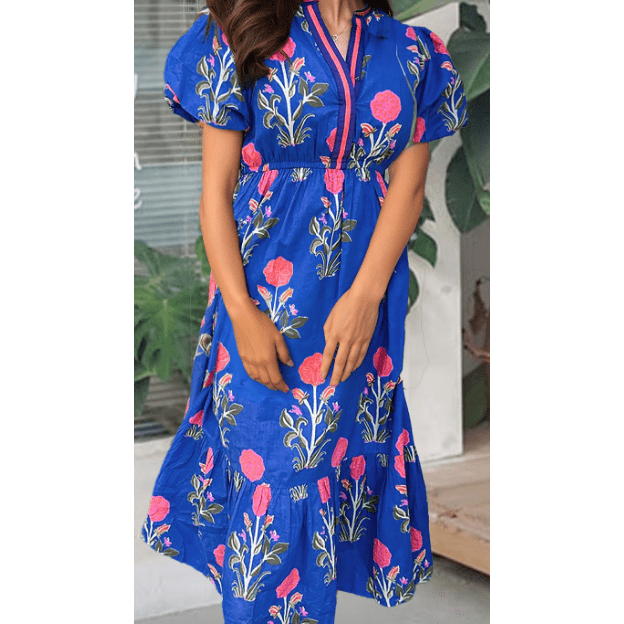 Bethan Blue Floral Puff Short Sleeve V Neck High Waist Maxi Dress