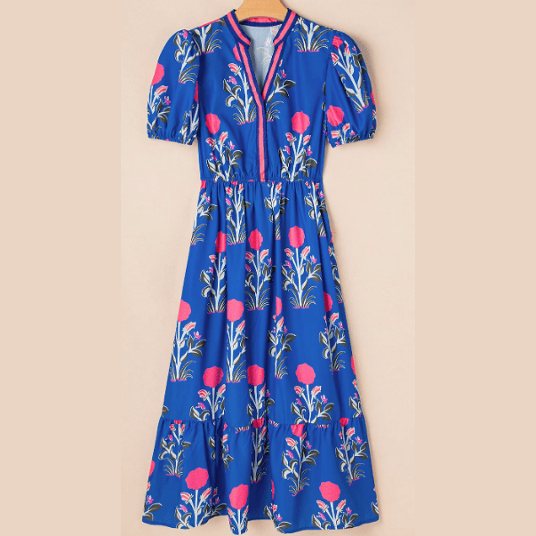Bethan Blue Floral Puff Short Sleeve V Neck High Waist Maxi Dress
