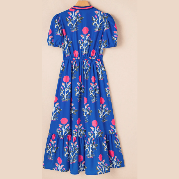 Bethan Blue Floral Puff Short Sleeve V Neck High Waist Maxi Dress